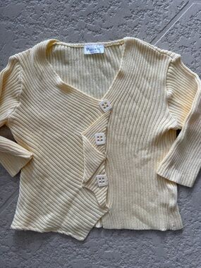Women's Soft Yellow Ribbed V-Neck Button Sweater
